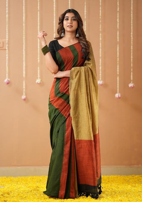 Green Embroidered Handloom Cotton Saree Set