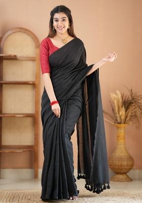 Black Embroidered Cotton And Acrylic Saree Set