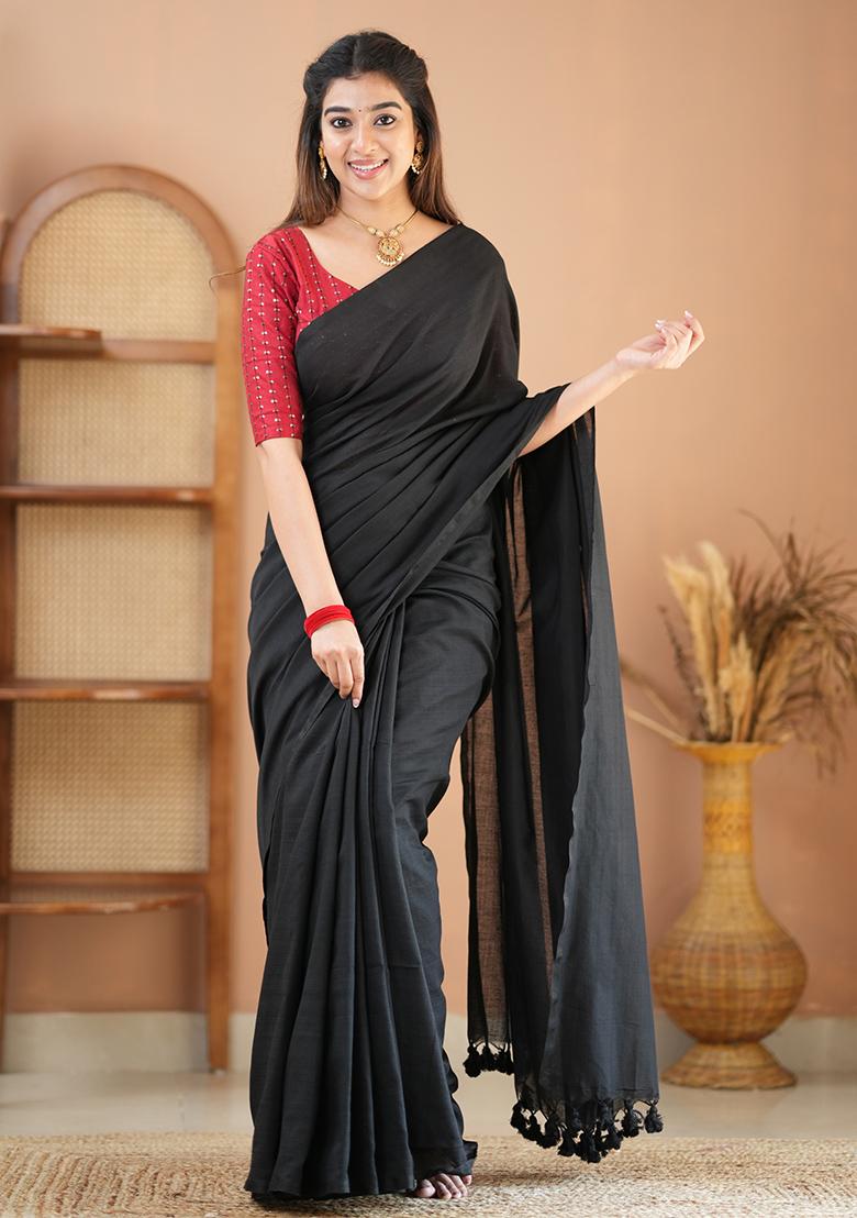 Black Embroidered Cotton And Acrylic Saree Set - Indya