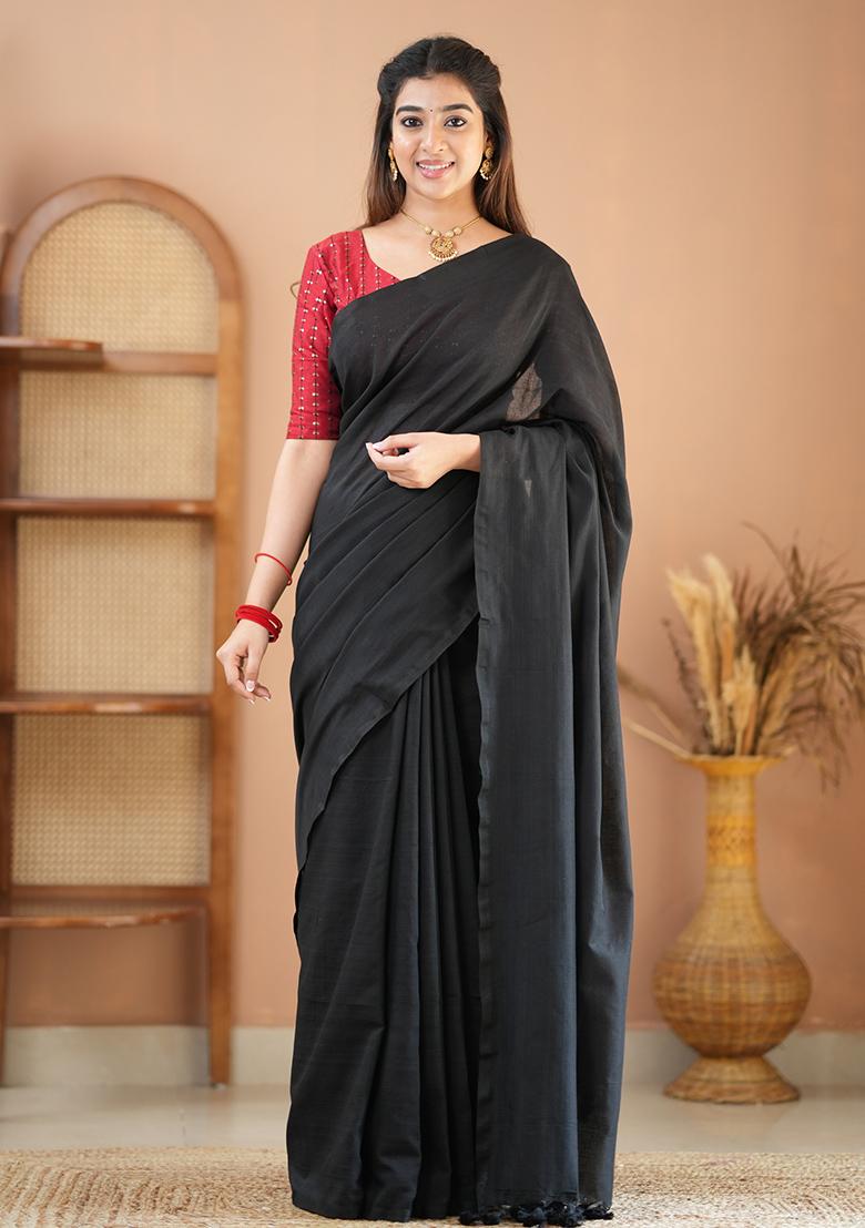 Black Embroidered Cotton And Acrylic Saree Set - Indya