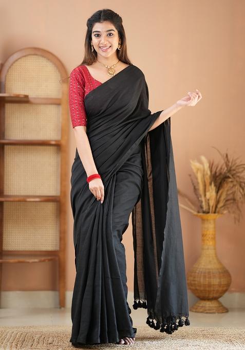 Black Embroidered Cotton And Acrylic Saree Set