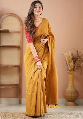 Mustard Yellow Embroidered Cotton And Acrylic Saree Set