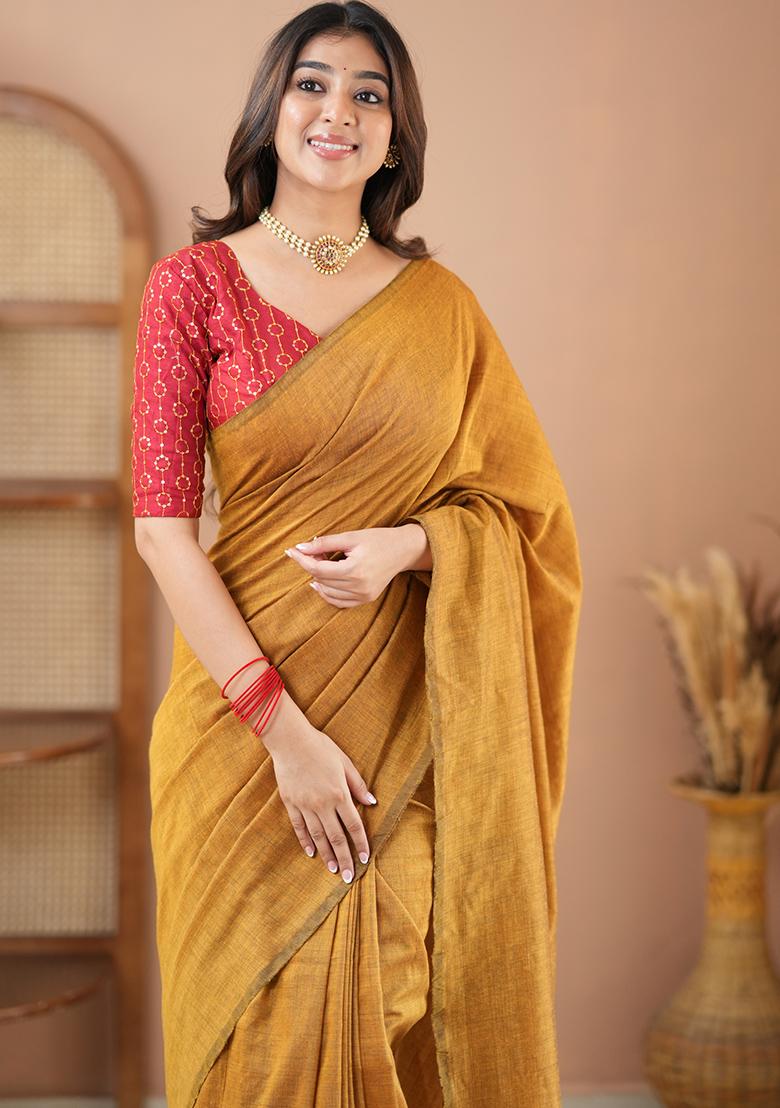 Mustard Yellow Embroidered Cotton And Acrylic Saree Set