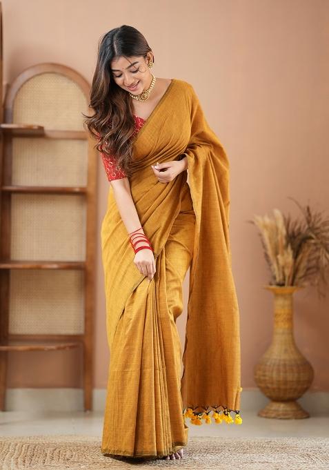 Mustard Yellow Embroidered Cotton And Acrylic Saree Set