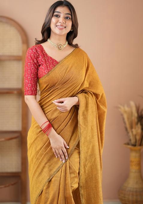 Mustard Yellow Embroidered Cotton And Acrylic Saree Set