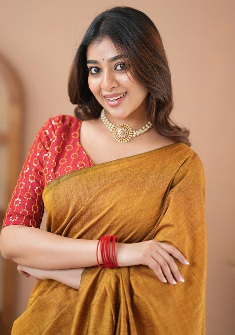 Mustard Yellow Embroidered Cotton And Acrylic Saree Set