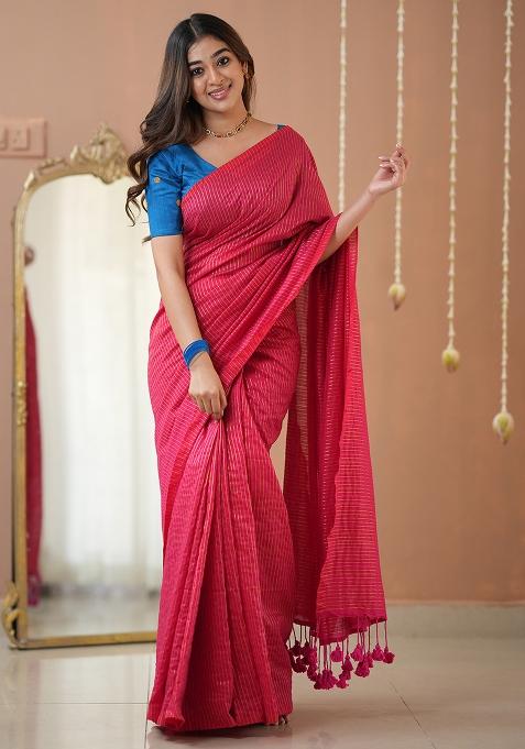 Pink Embroidered Cotton And Acrylic Saree Set