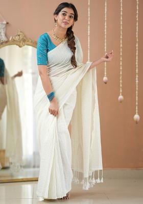 White Embroidered Cotton And Acrylic Saree Set