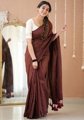 Wine Embroidered Cotton And Acrylic Saree Set