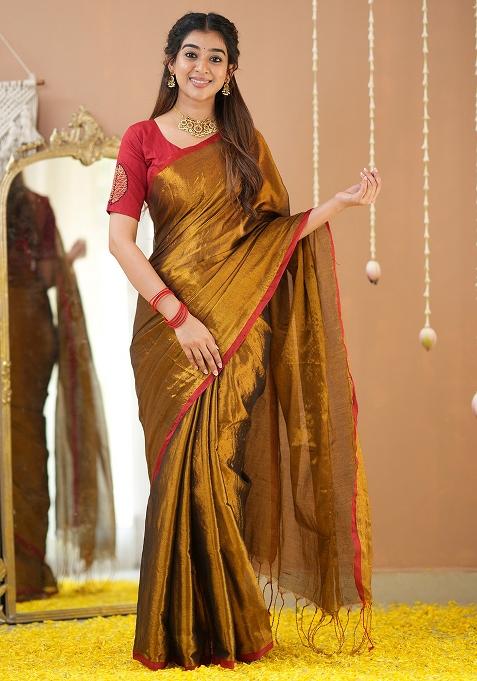 Gold Embroidered Raga Tissue Saree Set
