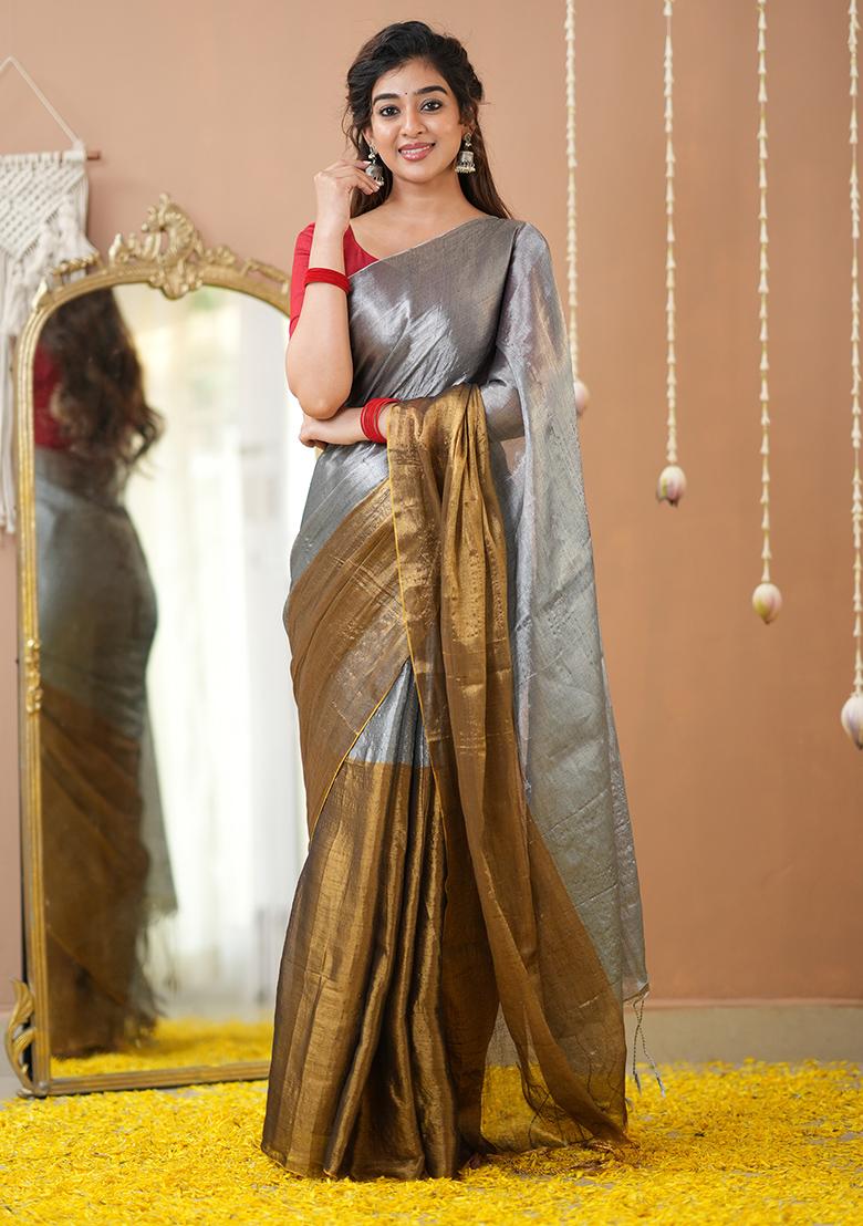 Gold And Silver Embroidered Tissue Cotton Saree Set - Indya