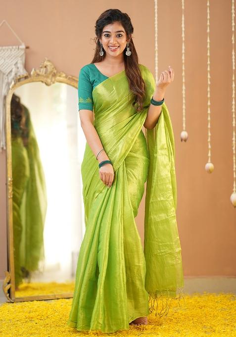 Pista Green Embroidered Tissue Cotton Saree Set