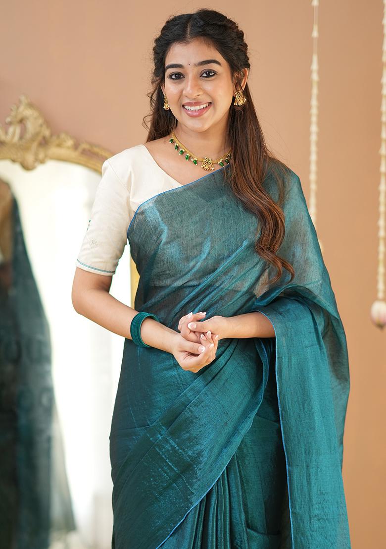 Teal Green Embroidered Tissue Cotton Saree Set