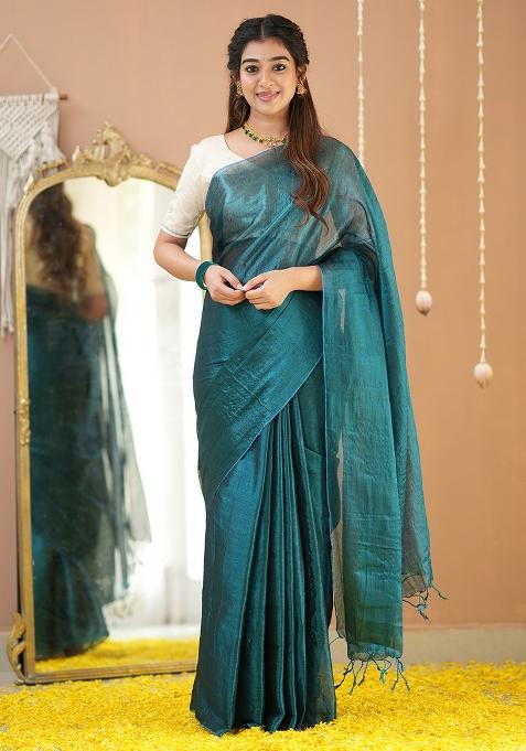 Teal Green Embroidered Tissue Cotton Saree Set