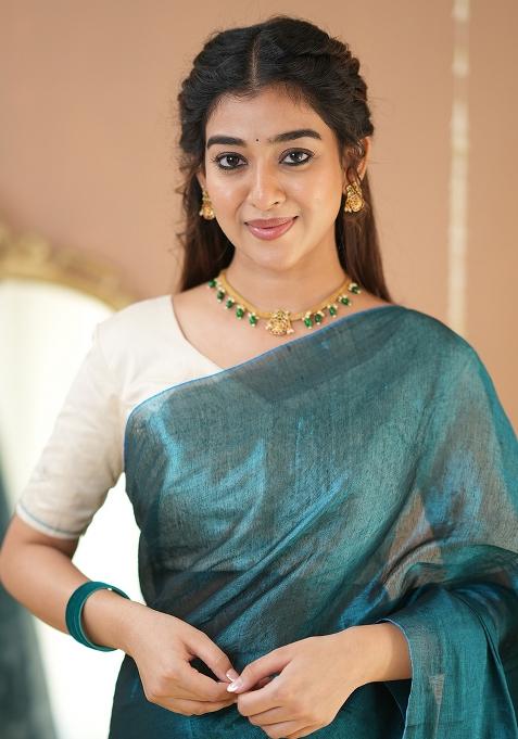 Teal Green Embroidered Tissue Cotton Saree Set