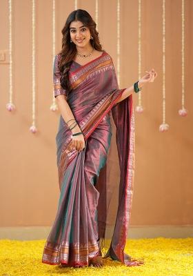 Copper Embroidered Tissue Cotton Saree Set