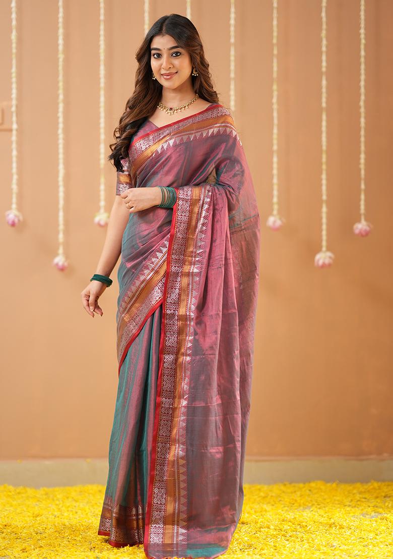 Copper Embroidered Tissue Cotton Saree Set - Indya