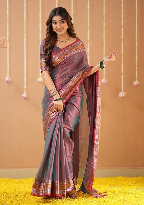 Copper Embroidered Tissue Cotton Saree Set