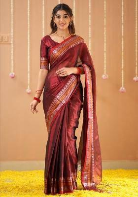Maroon Embroidered Tissue Cotton Saree Set