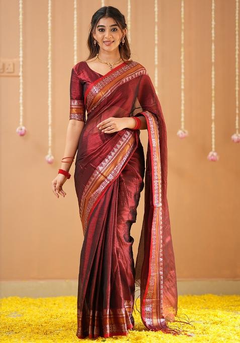 Maroon Embroidered Tissue Cotton Saree Set