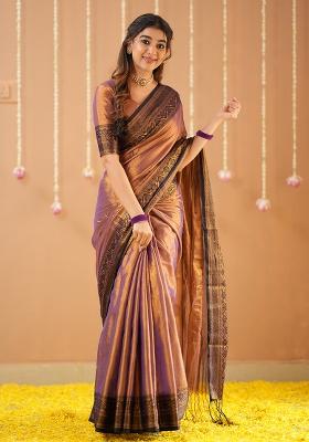 Copper Embroidered Tissue Cotton Saree Set
