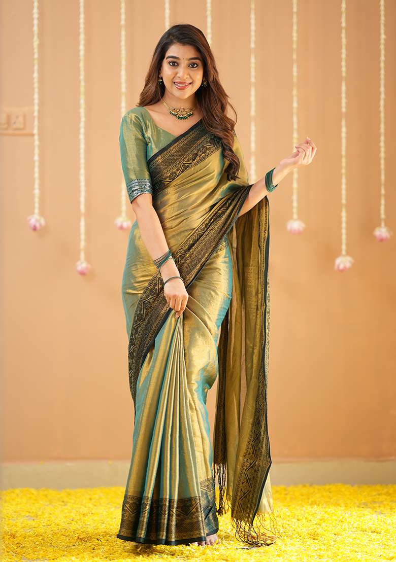Green Embroidered Tissue Cotton Saree Set - Indya