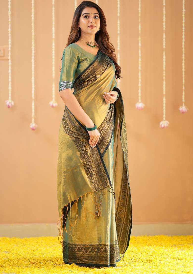Green Embroidered Tissue Cotton Saree Set - Indya