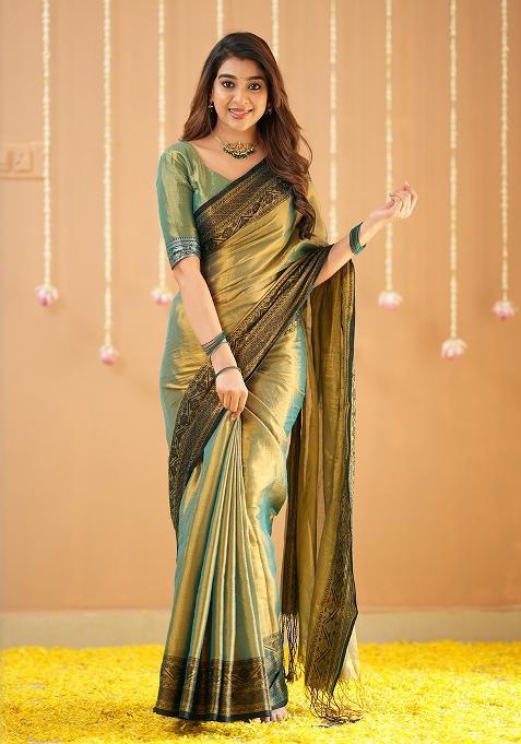 Green Embroidered Tissue Cotton Saree Set