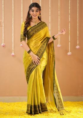 Yellow Embroidered Tissue Cotton Saree Set