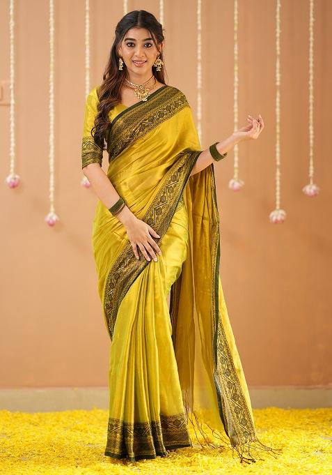 Yellow Embroidered Tissue Cotton Saree Set