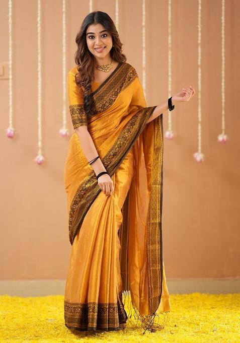 Mustard Yellow Embroidered Tissue Cotton Saree Set