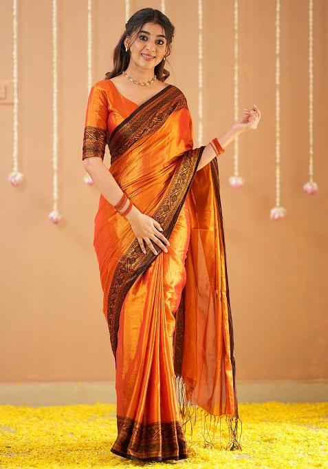 Orange Embroidered Tissue Cotton Saree Set
