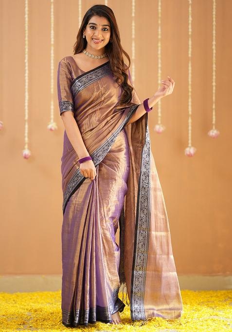 Copper Embroidered Tissue Cotton Saree Set