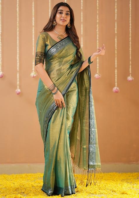 Green Embroidered Tissue Cotton Saree Set