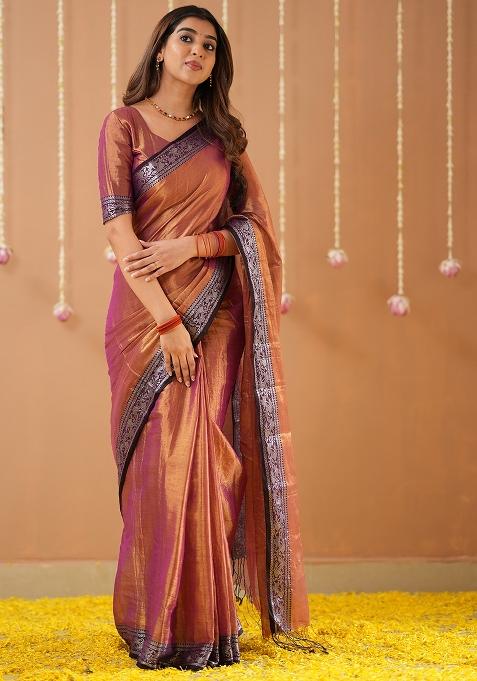 Orange Embroidered Tissue Cotton Saree Set