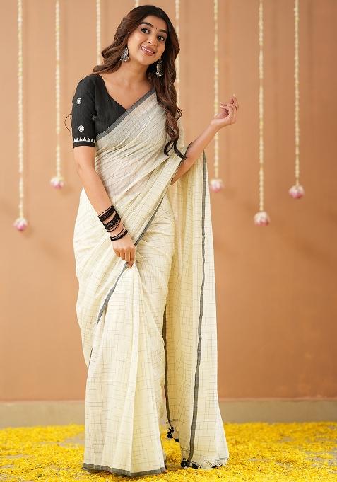 White Embroidered Handloom Cotton Saree Set