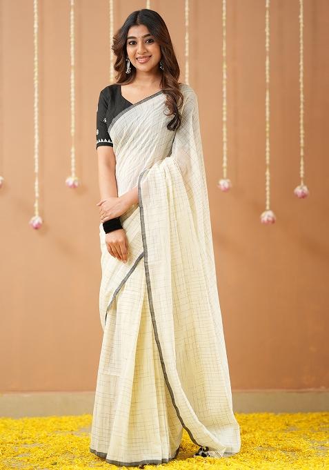 White Embroidered Handloom Cotton Saree Set