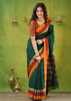 Green Weaving Cotton Saree Set