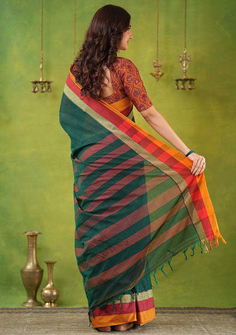 Green Weaving Cotton Saree Set