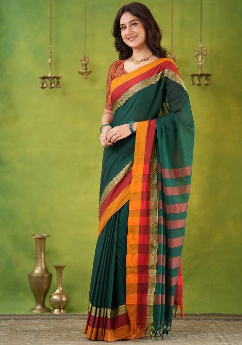 Green Weaving Cotton Saree Set