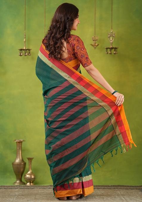 Green Weaving Cotton Saree Set