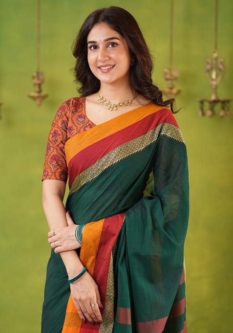 Green Weaving Cotton Saree Set