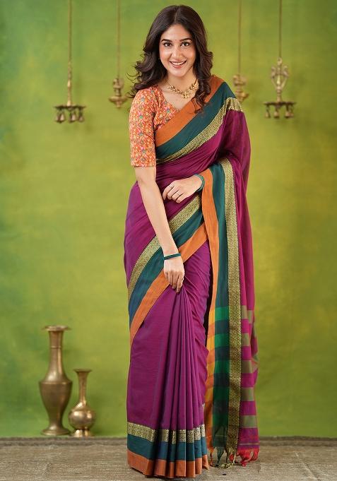 Pink Weaving Cotton Saree Set