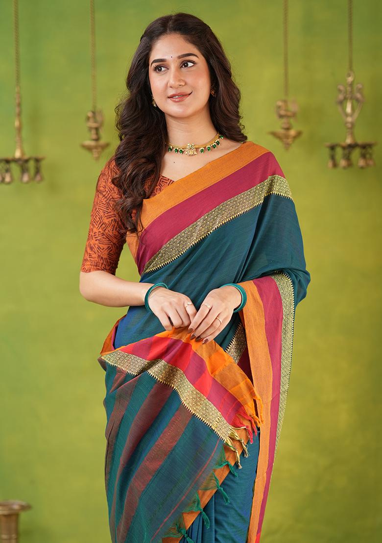 Rama Green Weaving Cotton Saree Set