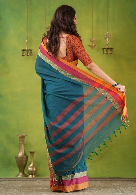 Rama Green Weaving Cotton Saree Set