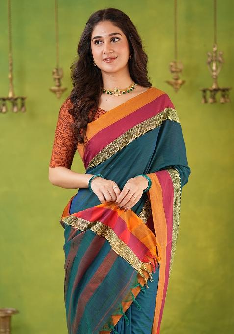 Rama Green Weaving Cotton Saree Set