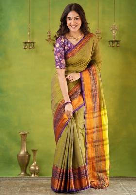 Dusty Green Weaving Cotton Saree Set