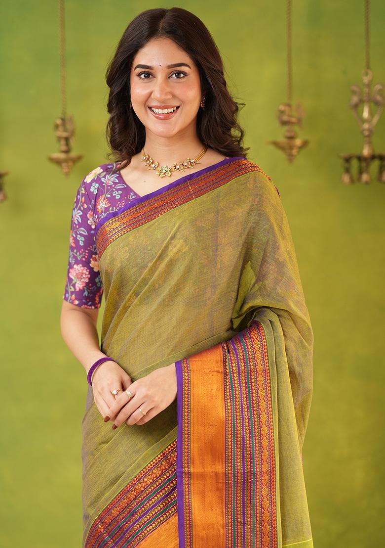 Dusty Green Weaving Cotton Saree Set