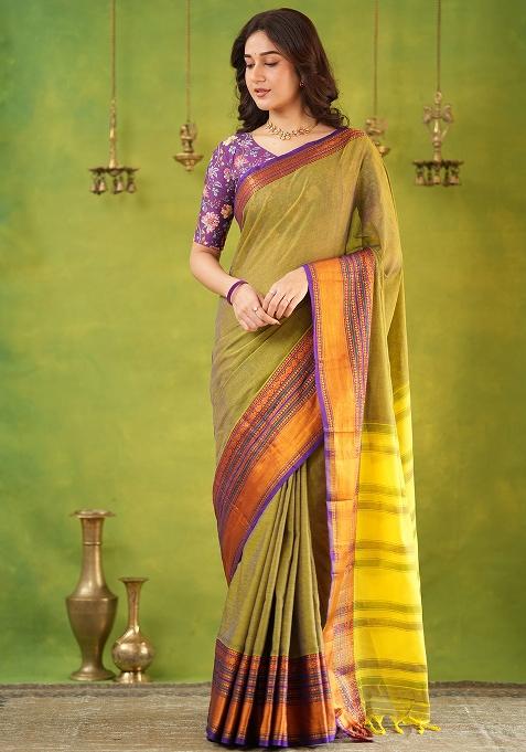 Dusty Green Weaving Cotton Saree Set