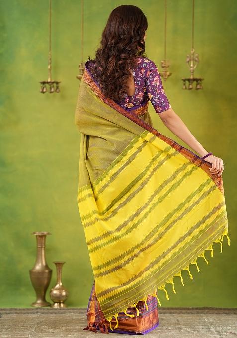 Dusty Green Weaving Cotton Saree Set